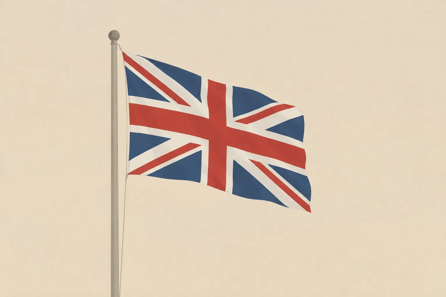 AI-genererad illustration: Illustration av den brittiska flaggan, Union Jack, som vajar på en ljus flaggstång mot en enfärgad beige bakgrund.