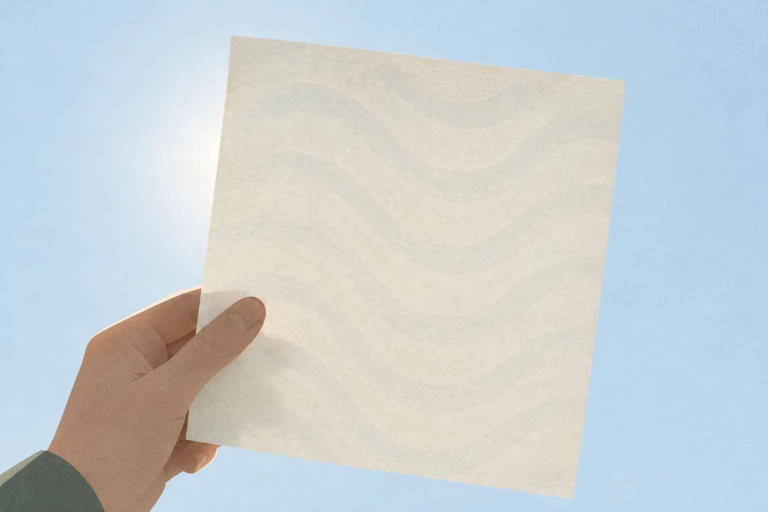 AI-genererad illustration: Illustration av en hand som håller upp ett ljust pappersark mot en blå himmel med solen bakom, så att ett svagt vågmönster syns i papperet likt en vattenstämpel.