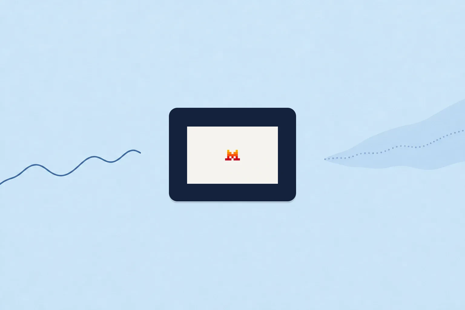 AI-genererad illustration: En liten pixellogga i orange och rött mot vit bakgrund på ett mörkblått kort i mitten. Mot en ljusblå bakgrund syns en vågig linje till vänster och en prickad linje över ett mjukt formad fält till höger.