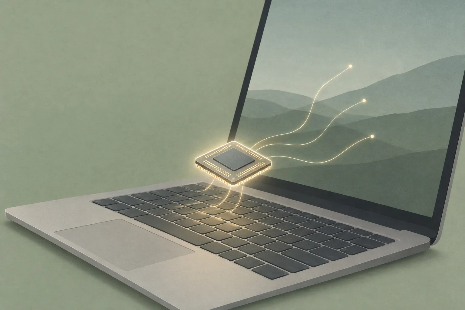 AI-genererad illustration: Illustration av en öppen bärbar dator mot grön bakgrund, där ett glödande datorchip svävar ovanför tangentbordet med ljuslinjer som löper ut mot skärmen med ett stiliserat kullandskap.