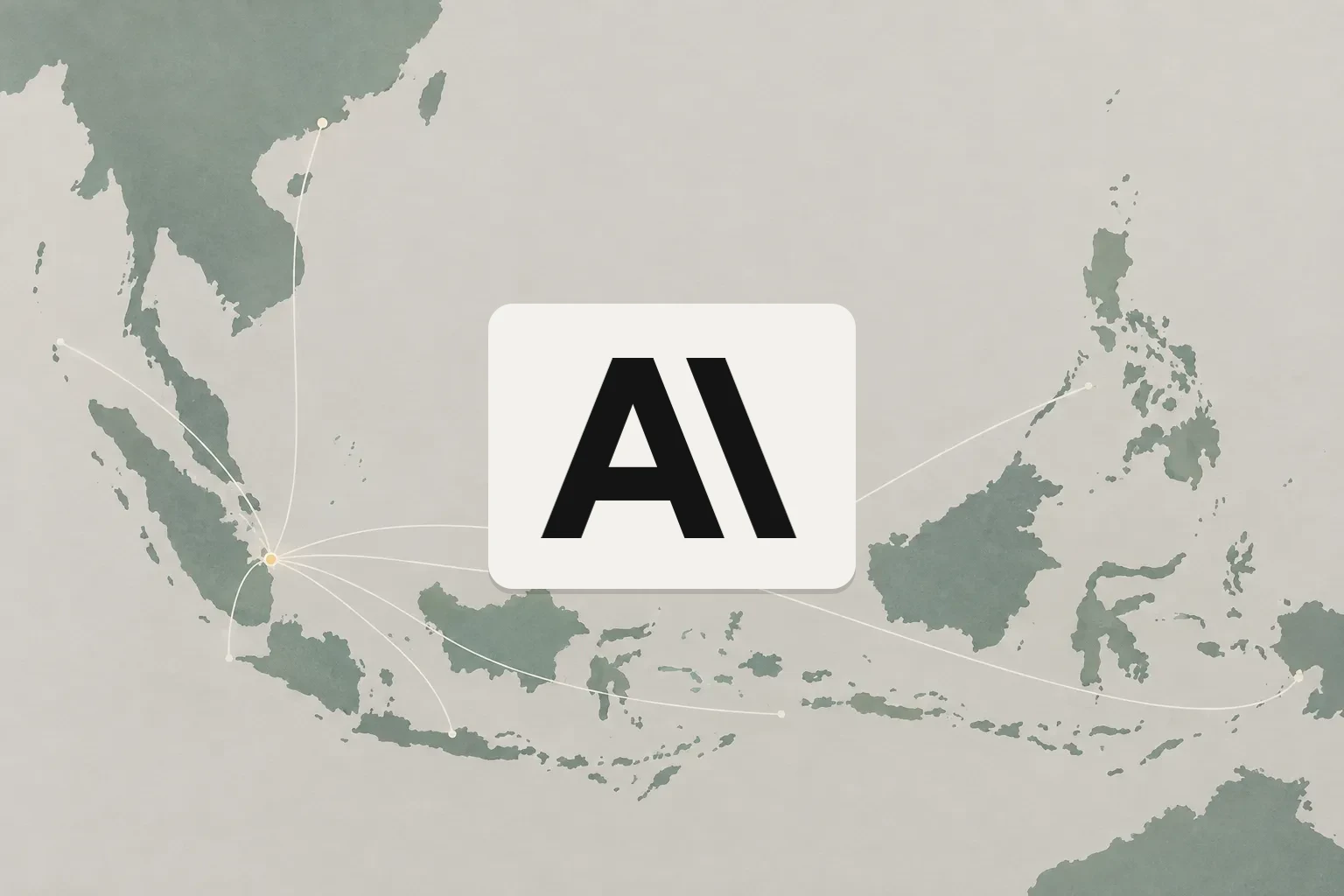 AI-genererad illustration: Anthropics logga på ett ljust kort i mitten av en stiliserad karta över Sydostasien i dämpade gröna toner. Tunna ljusa linjer sträcker sig från en markerad punkt vid Singapore till andra platser i regionen.