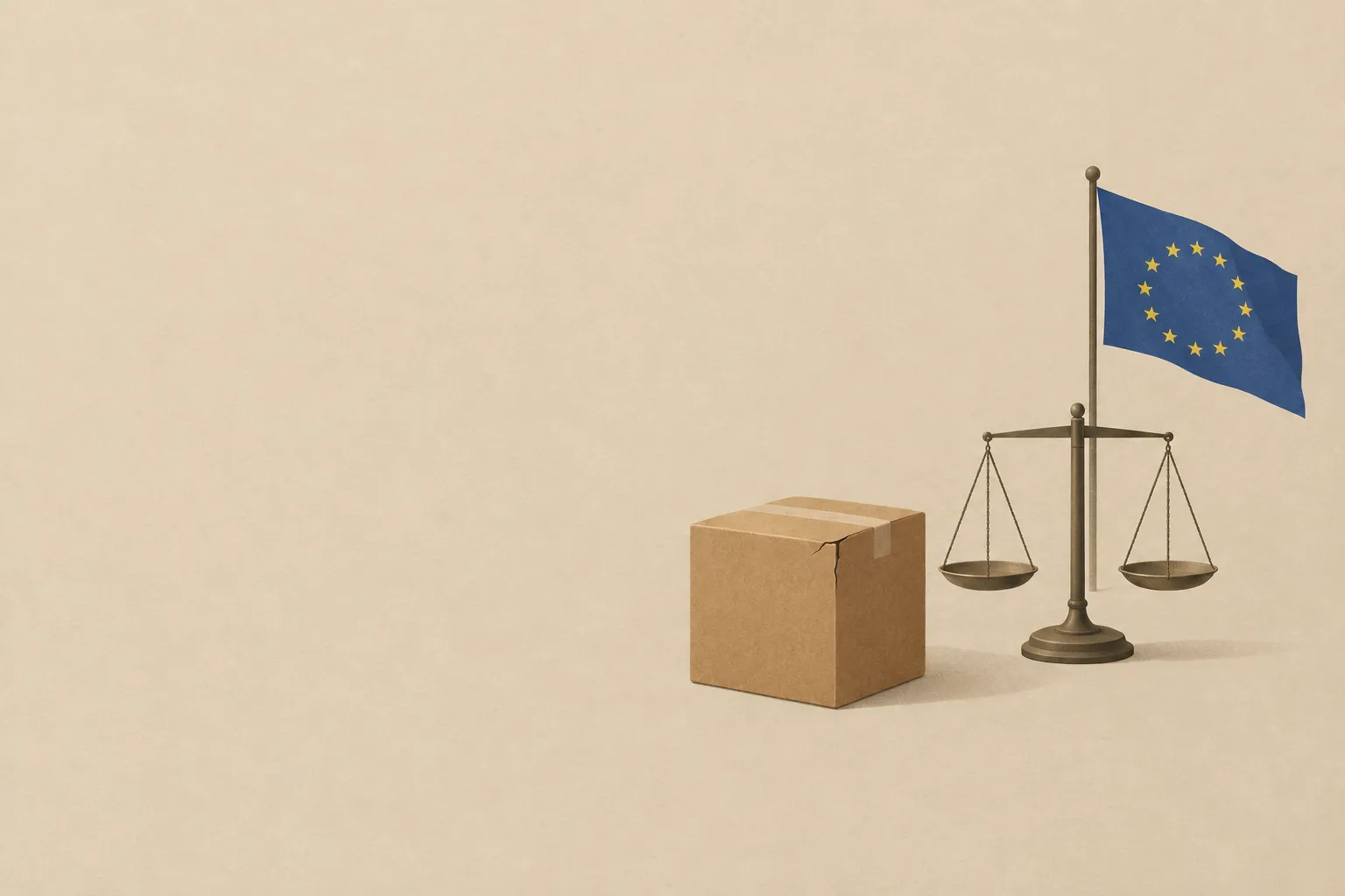 AI-genererad illustration: Illustration på beige bakgrund av en EU-flagga på flaggstång bakom en klassisk vågskål, bredvid en kartonglåda med en spricka i hörnet. Motivet ligger till höger i bilden med gott om tomt utrymme till vänster.