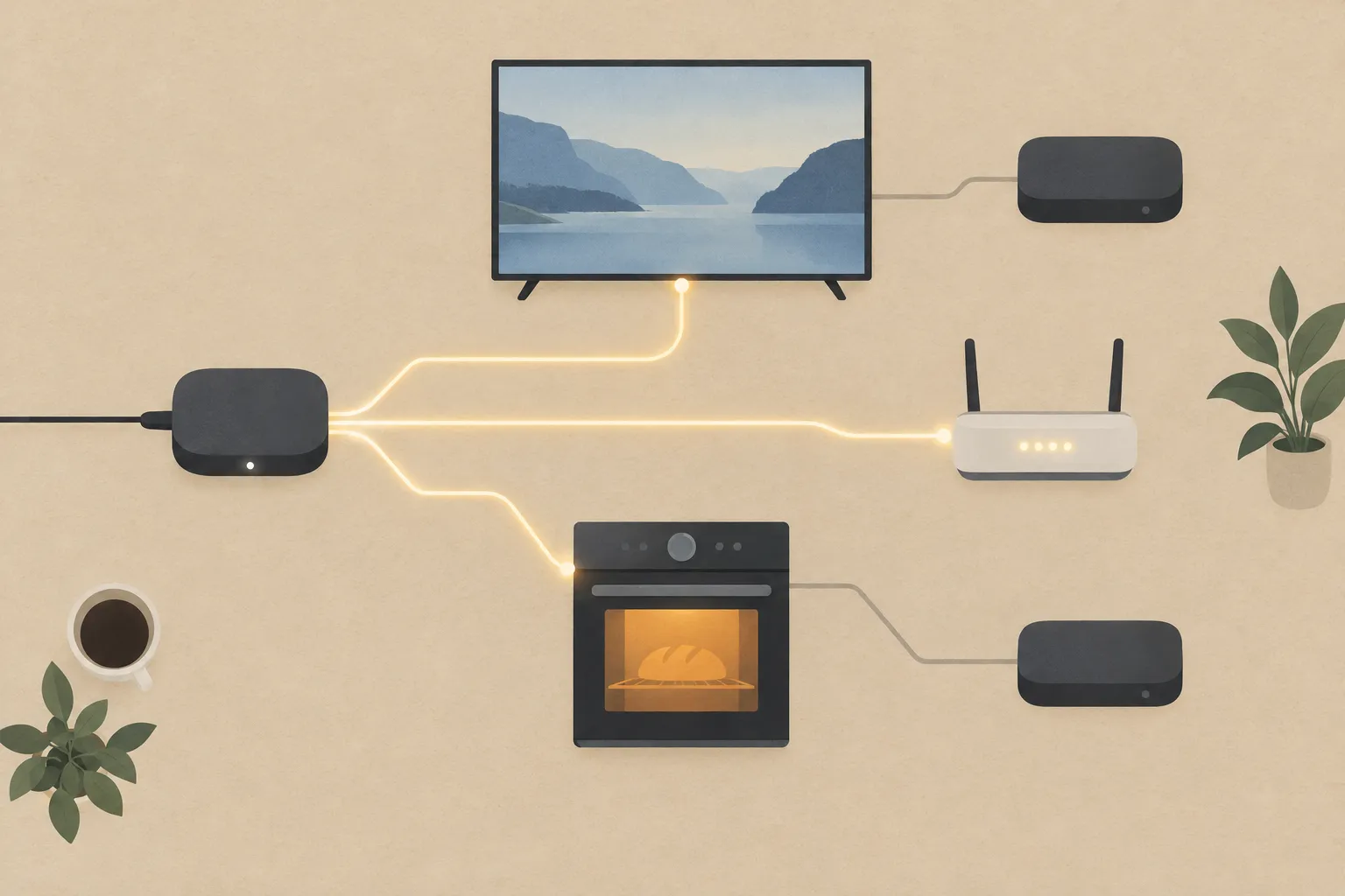 AI-genererad illustration: Illustration i platt stil på beige bakgrund där en svart box till vänster skickar lysande gula linjer till en tv, en router och en ugn med ett bröd i. Tre andra svarta boxar är kopplade med grå, släckta sladdar, och runt motivet syns krukväxter och en kopp kaffe.