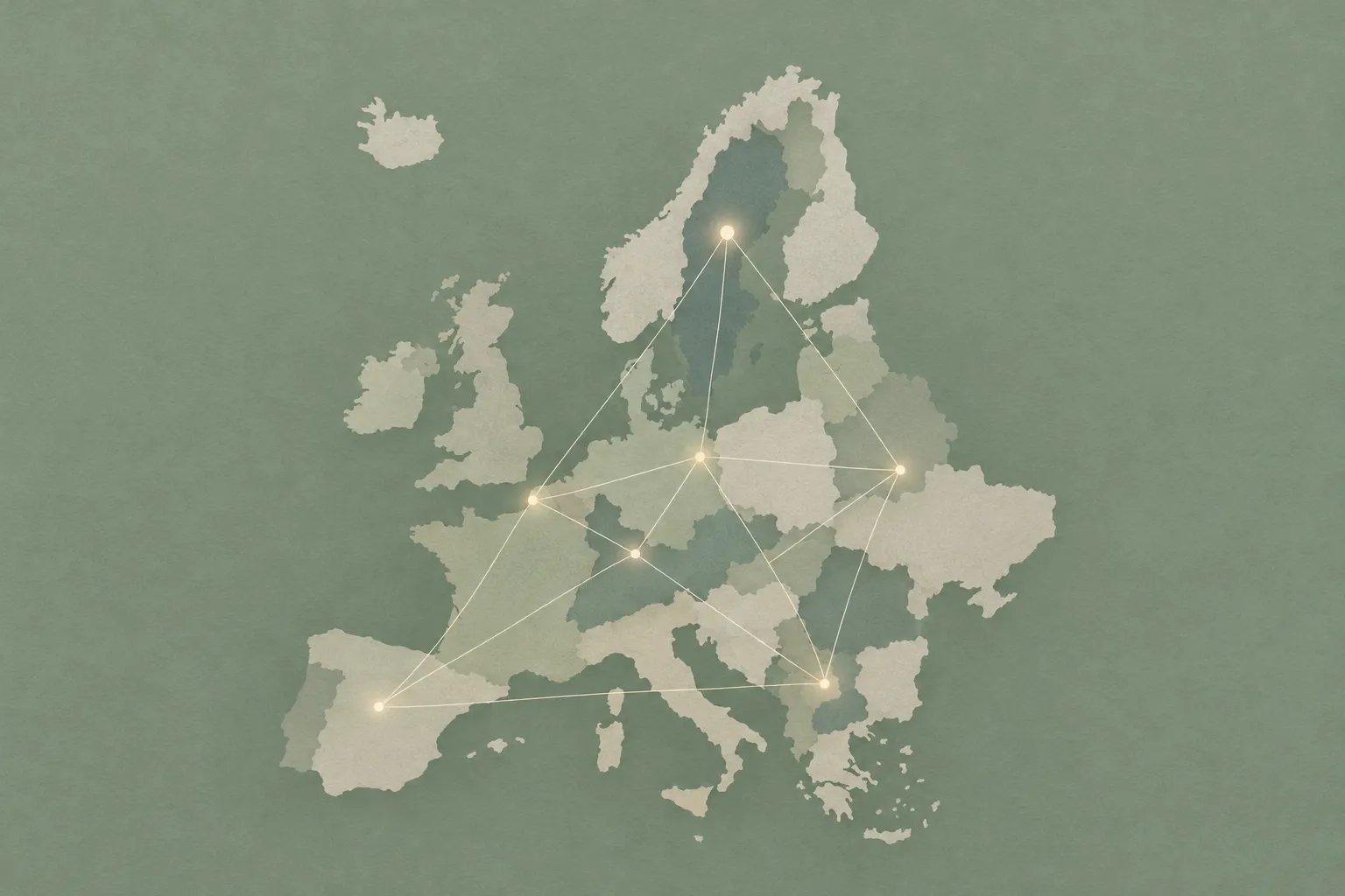 AI-genererad illustration: Stiliserad karta över Europa i dämpade gröna och beigea toner, där glödande punkter i bland annat Sverige, Tyskland, Frankrike och Spanien är förbundna med tunna ljusa linjer i ett nätverk.