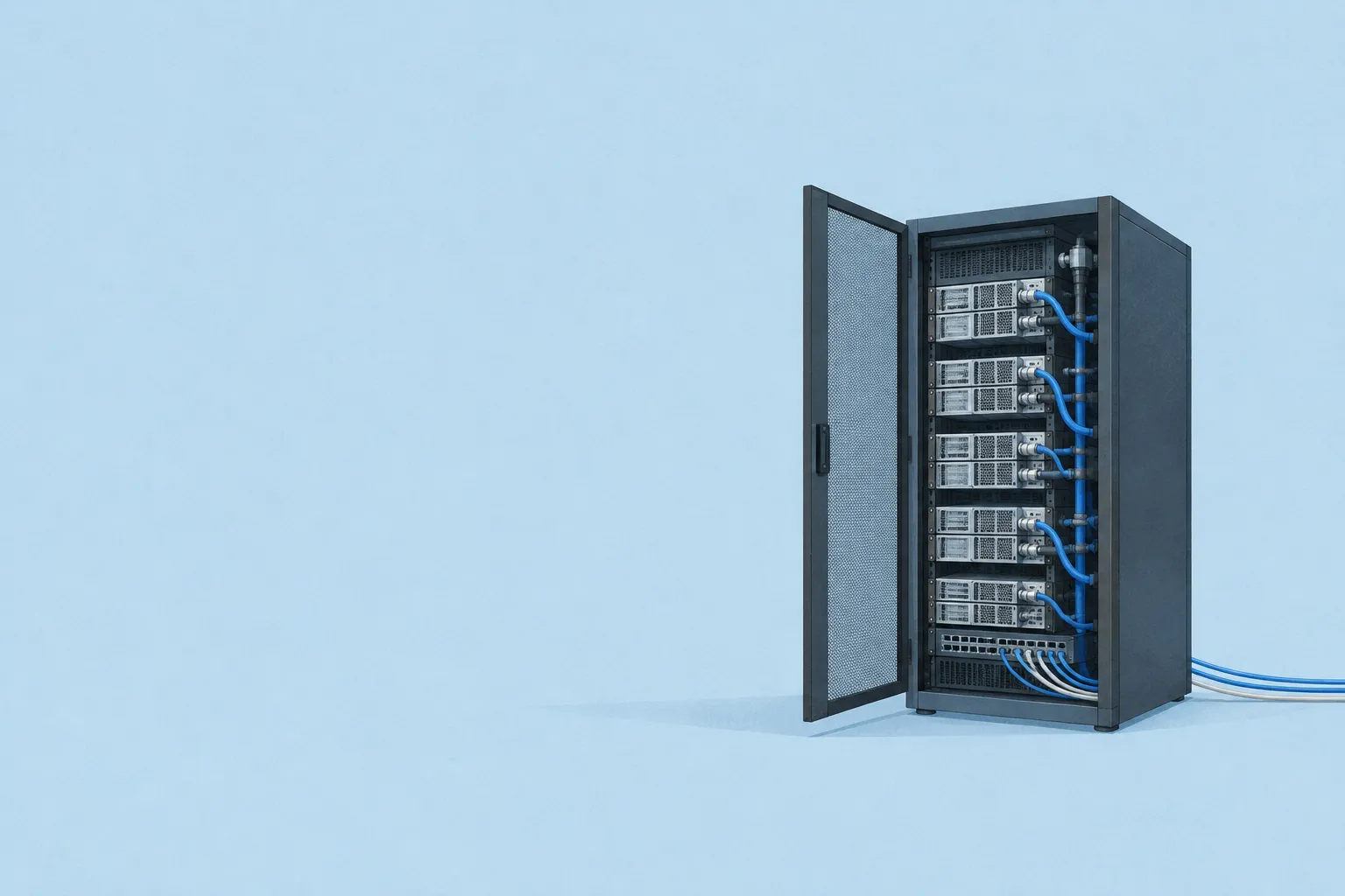 AI-genererad illustration: Illustration av ett mörkgrått serverskåp med öppen nätdörr, fyllt med servrar som är kopplade till blå kylslangar och kablar, mot en ljusblå bakgrund.