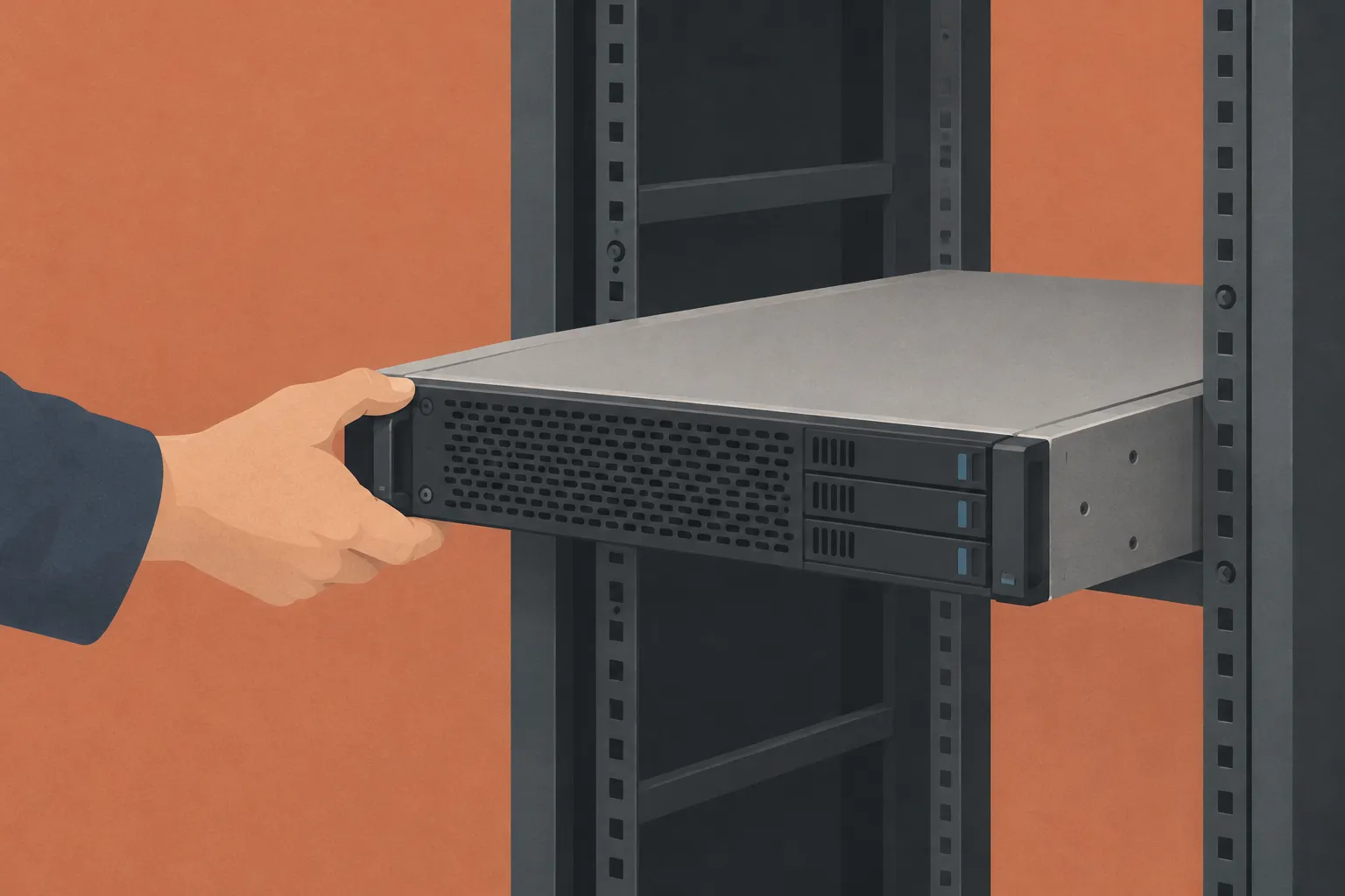 AI-genererad illustration: Illustration av en hand i mörk kavajärm som skjuter in en grå serverenhet i ett tomt, svart serverrack mot en terrakottafärgad bakgrund.