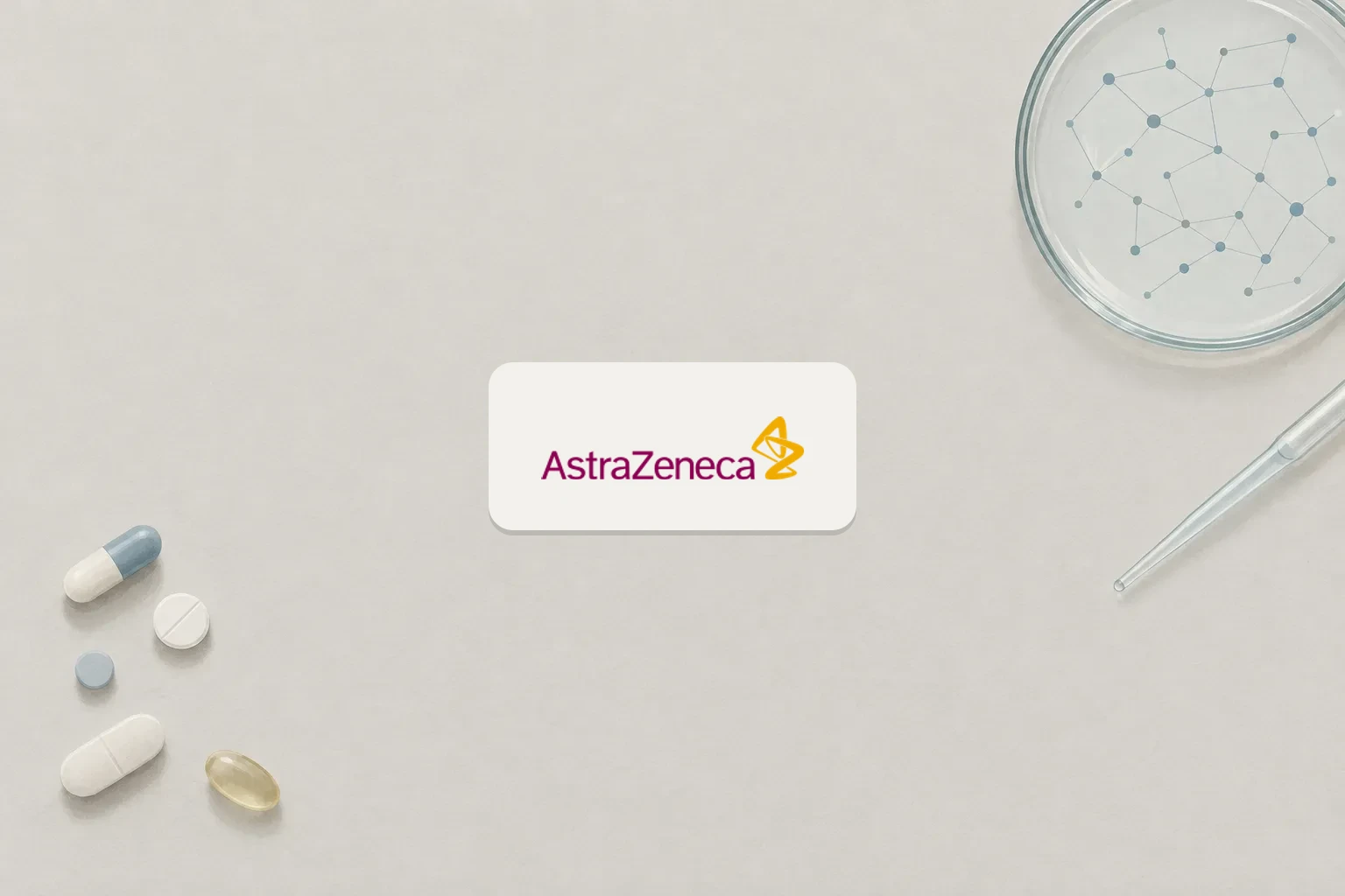 AI-genererad illustration: AstraZenecas logga på ett vitt kort mitt i bilden mot en ljus bakgrund. Nere till vänster ligger tabletter och kapslar, uppe till höger en petriskål med ett nätverk av punkter och linjer samt en pipett.