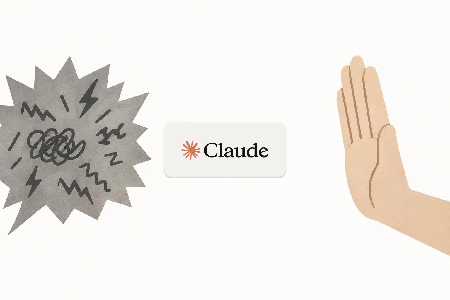 AI-genererad illustration: Illustration med Claude-loggan på ett ljust kort i mitten, mellan ett grått, taggigt pratbubbleutbrott fyllt med klotter och blixtar till vänster och en uppsträckt hand som gör en stoppgest till höger.