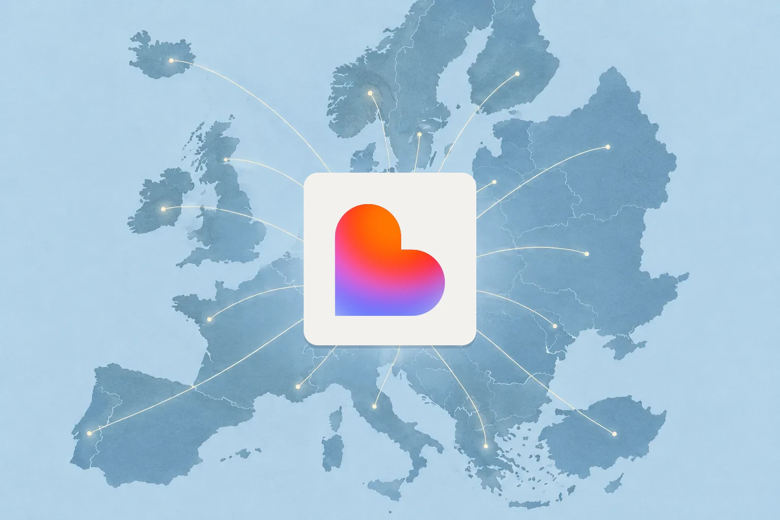 AI-genererad illustration: Lovables logga, ett hjärta i orange, rosa och lila, på ett ljust kort mitt på en stiliserad blå Europakarta. Tunna ljusa linjer strålar ut från kortet till punkter i olika europeiska länder.