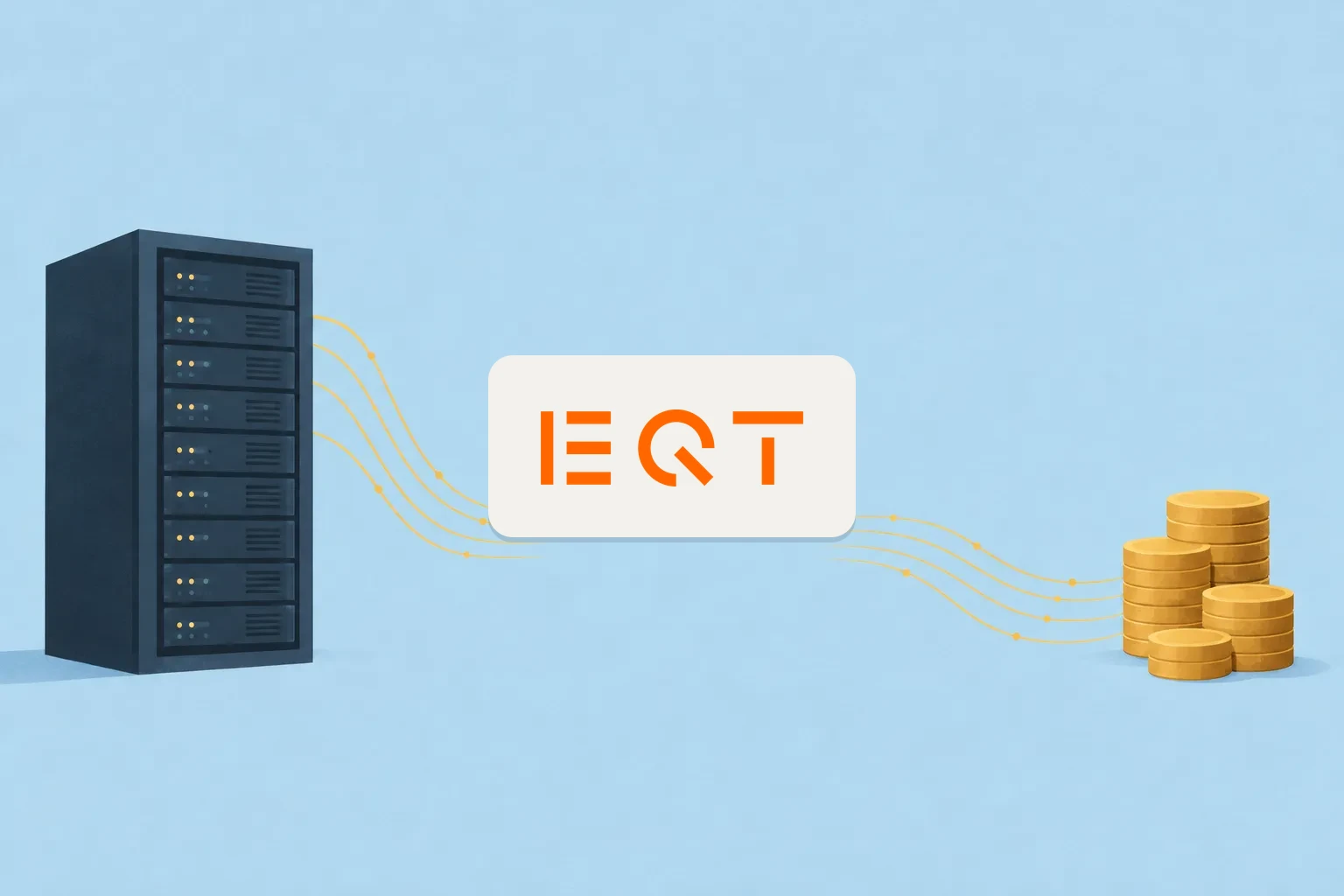 AI-genererad illustration: EQT:s orangea logotyp på ett ljust kort i mitten. Till vänster en mörkblå serverrack, till höger staplar av guldmynt, förbundna med tunna gula datalinjer mot en ljusblå bakgrund.