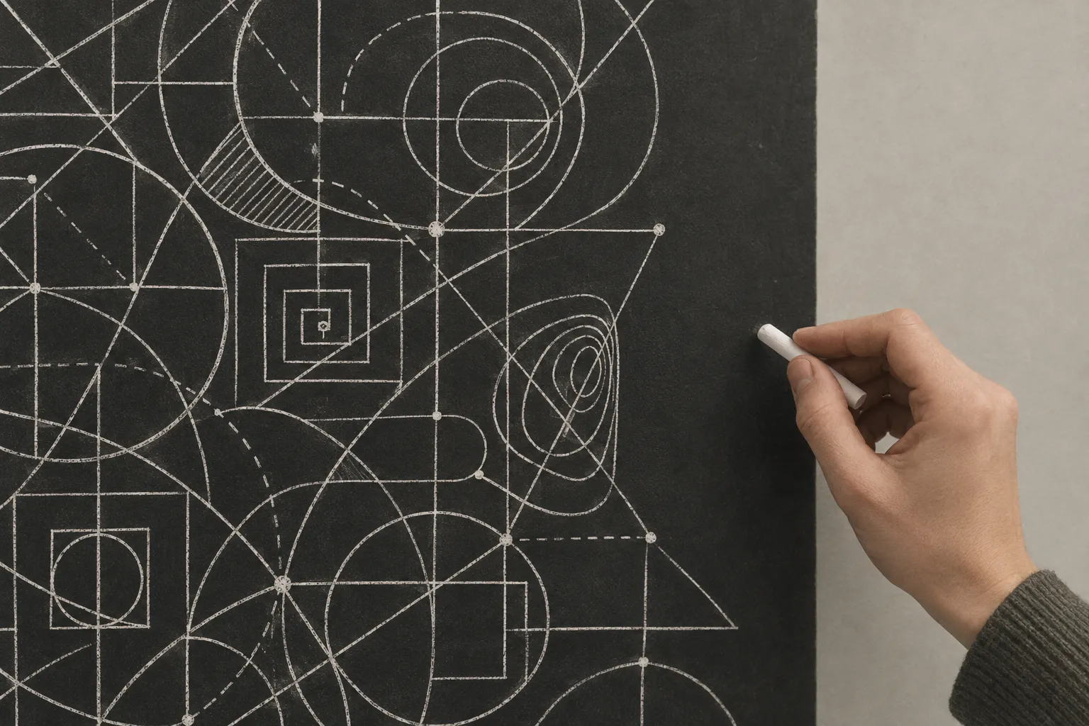 AI-genererad illustration: En hand med en vit krita ritar på en svart tavla fylld av geometriska figurer i vitt: cirklar, kvadrater, trianglar, spiraler och raka linjer som korsar varandra. Till höger syns en ljusgrå vägg och en mörk tröjärm.