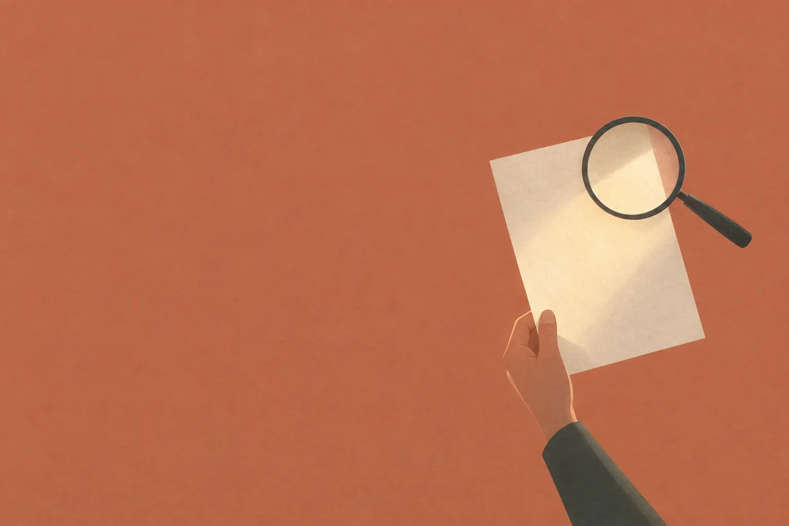 AI-genererad illustration: En hand håller upp ett tomt papper som lyses upp av ett varmt ljus, och ett förstoringsglas hålls över papprets övre hörn. Bakgrunden är en jämn, roströd yta med gott om tomt utrymme till vänster.