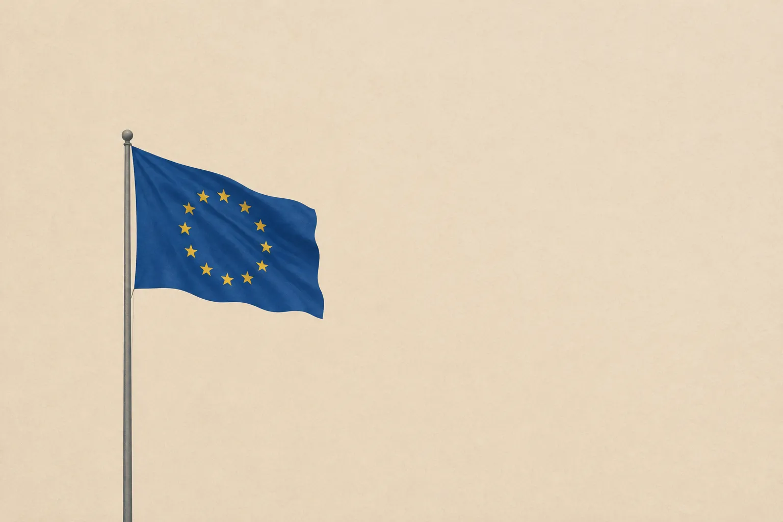 AI-genererad illustration: Illustration av EU-flaggan, blå med en ring av tolv gula stjärnor, som vajar på en grå flaggstång mot en ljust beige bakgrund.
