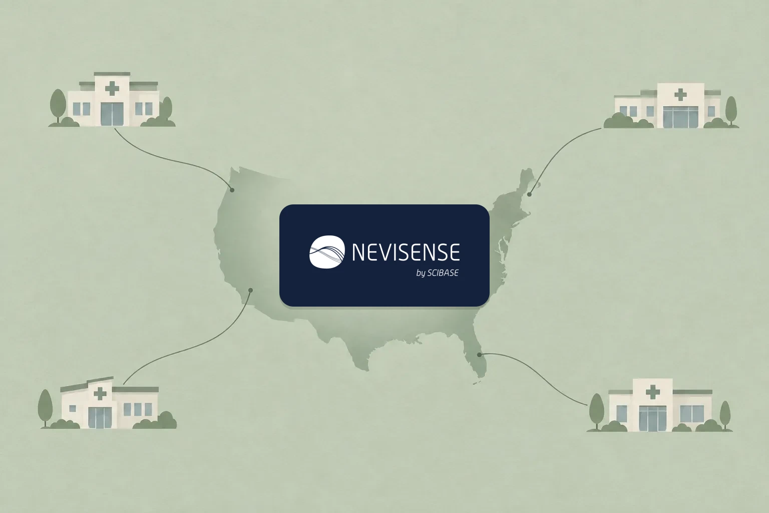 AI-genererad illustration: Nevisenses logga med texten "by SciBase" på ett mörkblått kort i mitten av en stiliserad karta över USA. Fyra vårdbyggnader med kors på fasaden är kopplade till kartan med tunna linjer, mot en dämpad grön bakgrund.