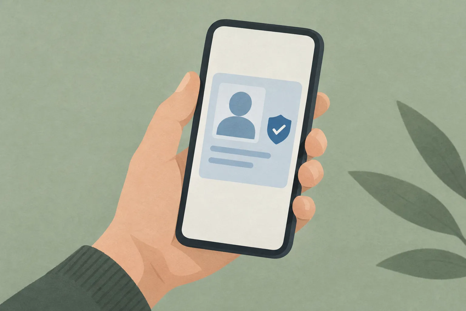 AI-genererad illustration: Illustration av en hand som håller en mobiltelefon med ett profilkort på skärmen: en stiliserad personsiluett, en sköld med bock och två textrader, mot grön bakgrund med blad i kanten.
