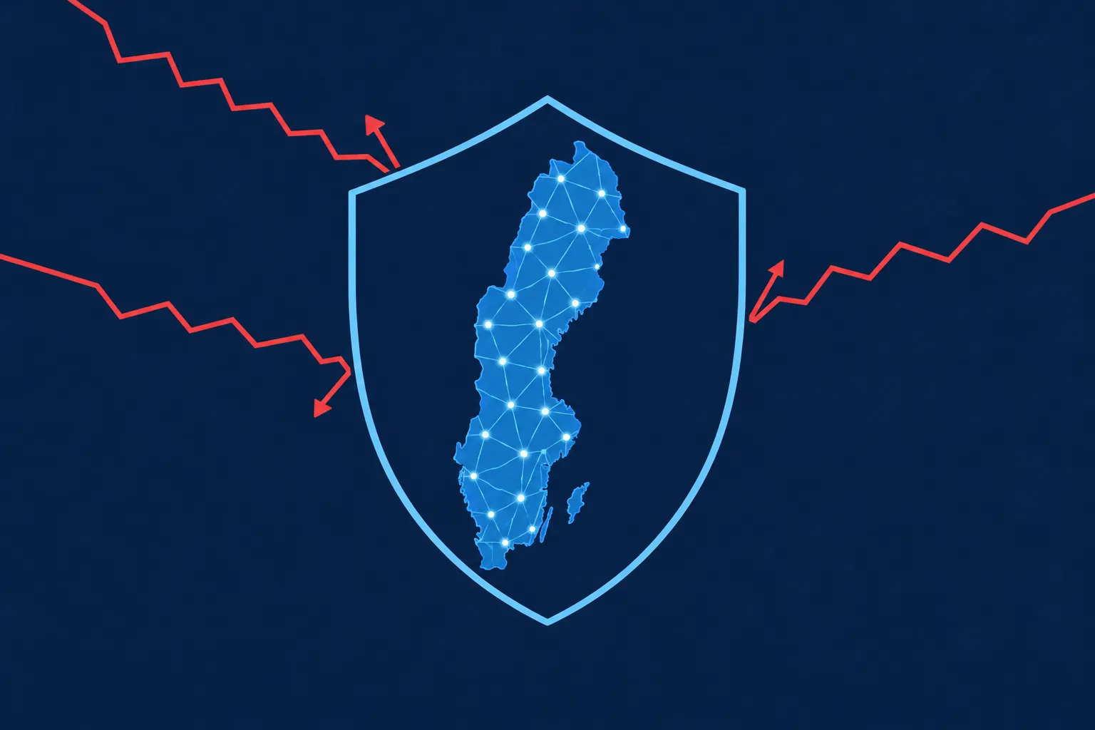 AI-genererad illustration: Illustration av en ljusblå sköld med en blå Sverigekarta täckt av ett nätverk av lysande punkter, mot mörkblå bakgrund. Röda sicksacklinjer med pilar från båda sidor studsar mot skölden.
