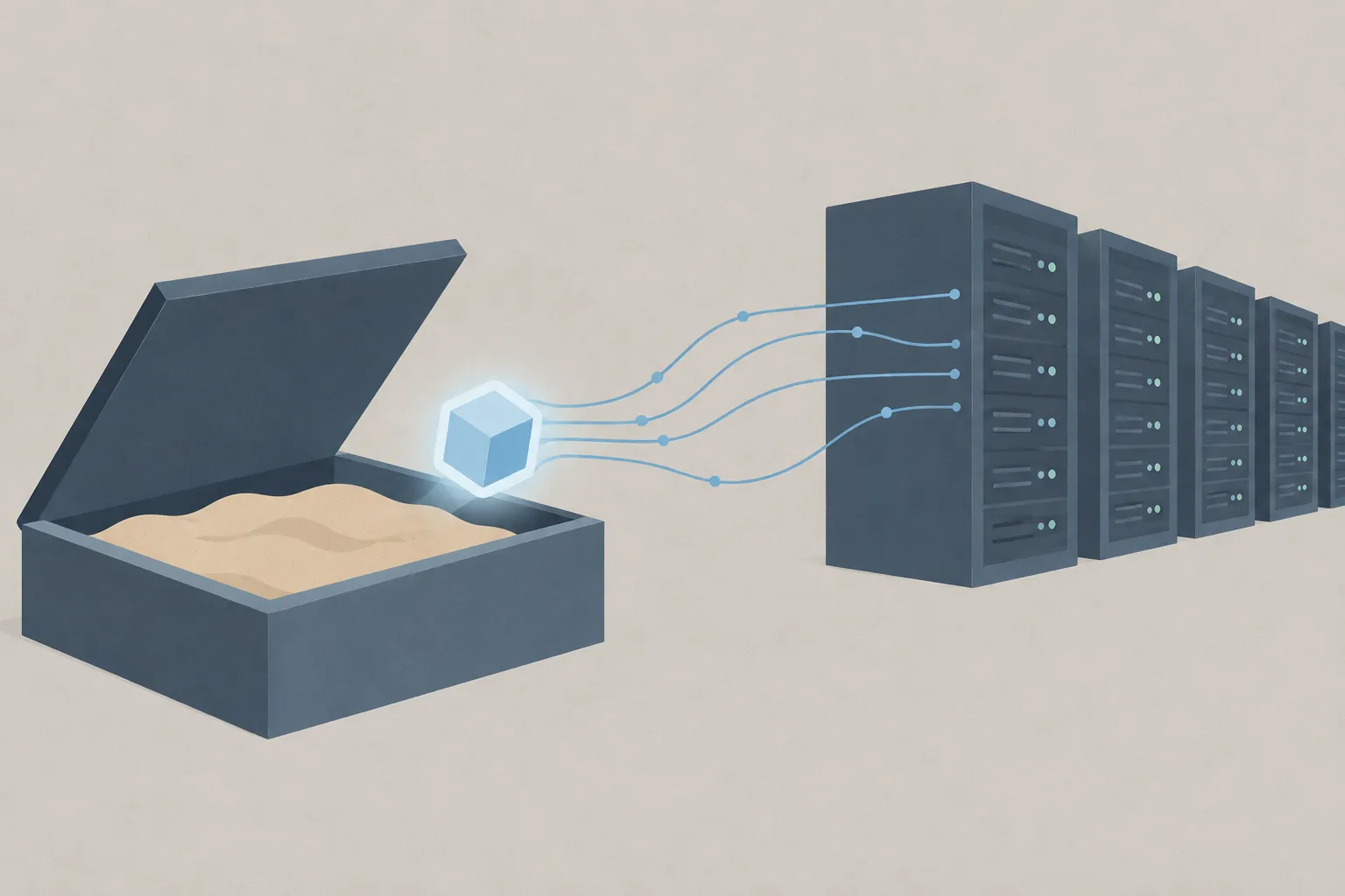 AI-genererad illustration: Illustration av en lysande ljusblå kub som svävar upp ur en öppen låda med sand och är förbunden med tunna blå linjer till en rad serverskåp. Bakgrunden är ljust gråbeige.