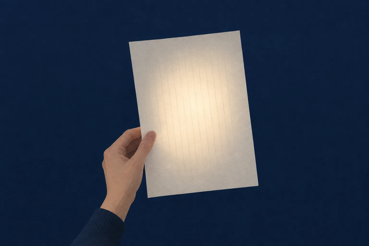 AI-genererad illustration: En hand håller upp ett ljust papper mot en mörkblå bakgrund. Ett varmt ljus lyser igenom mitten av pappret och gör vertikala linjer i det synliga.