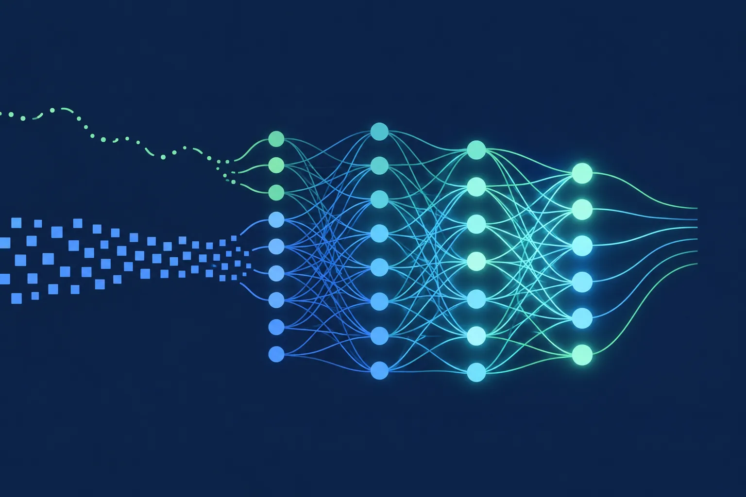 AI-genererad illustration: Illustration av ett neuralt nätverk med fyra lager av lysande noder i blått och grönt mot mörkblå bakgrund. Från vänster flödar två dataströmmar in, en prickad grön linje och en ström av blå fyrkanter, och förenas i nätverket.